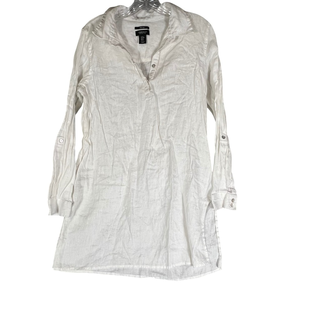 Jones & Co Jones New York M‎ White 100% Linen Roll Tab Sleeve Tunic Shirt Womens
